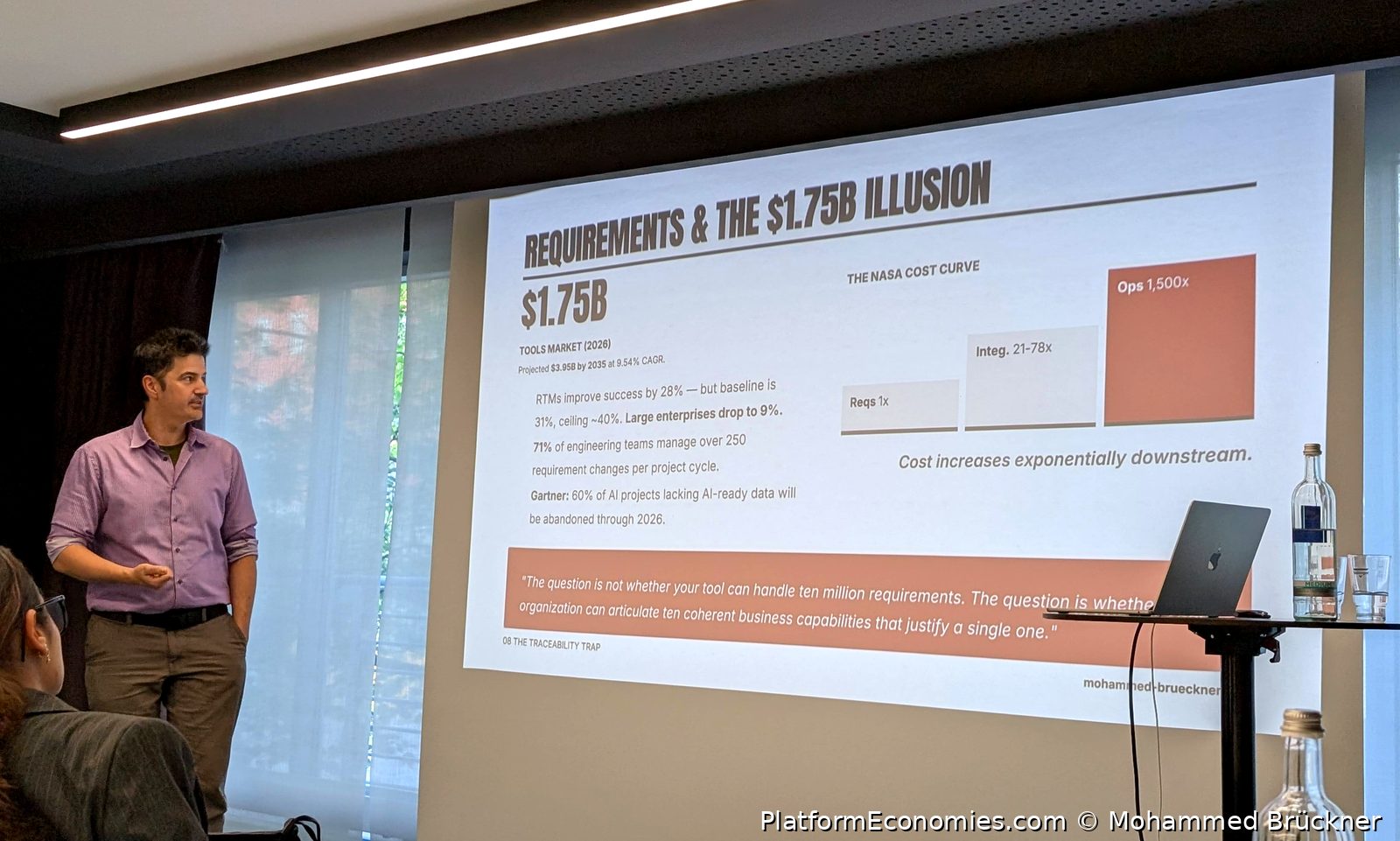 Mohammed Brückner presenting the NASA cost curve and the requirements illusion at a Munich workshop